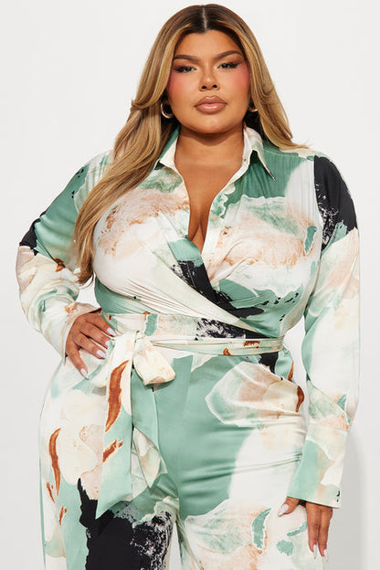 Take Me Away SatinJumpsuit - Green/combo