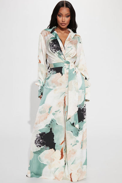 Take Me Away SatinJumpsuit - Green/combo