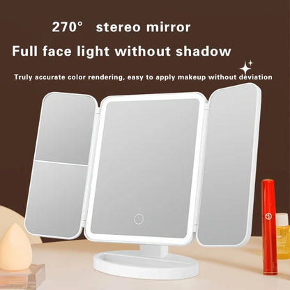 Makeup Mirror 3-Fold With LED Lights For Natural Beauty.