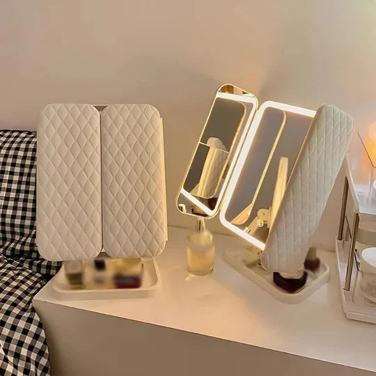 Makeup Mirror 3-Fold With LED Lights For Natural Beauty.