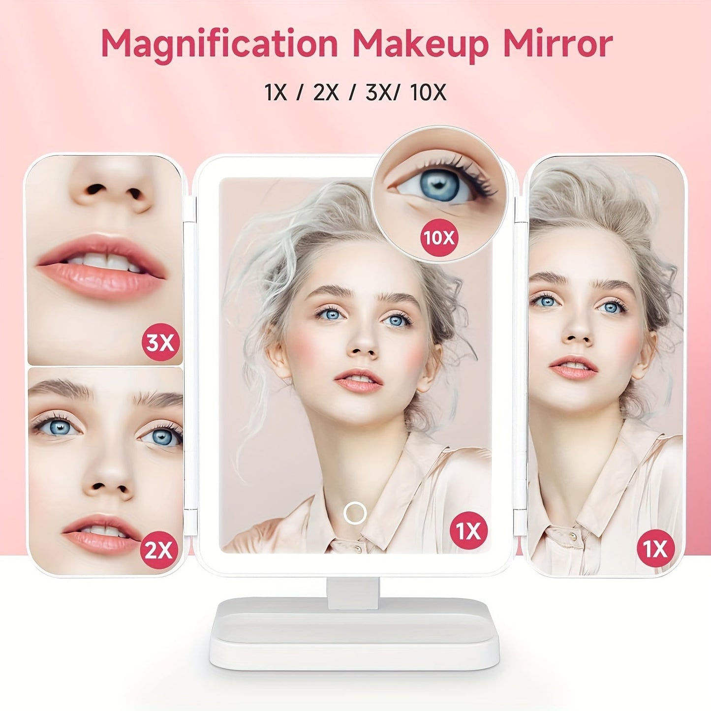 Makeup Mirror 3-Fold With LED Lights For Natural Beauty.