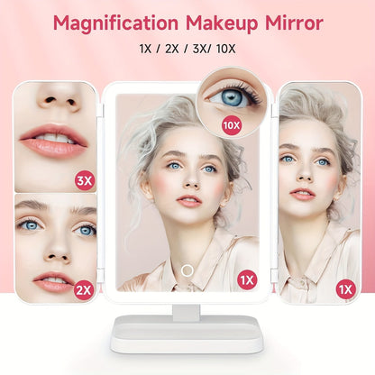 Makeup Mirror 3-Fold With LED Lights For Natural Beauty.