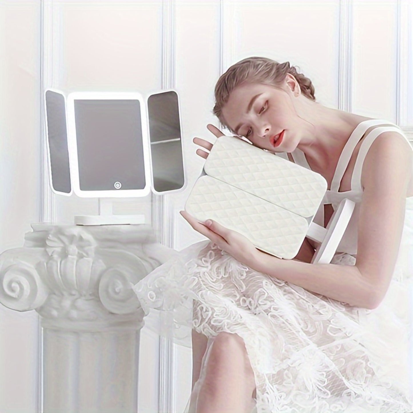 Makeup Mirror 3-Fold With LED Lights For Natural Beauty.