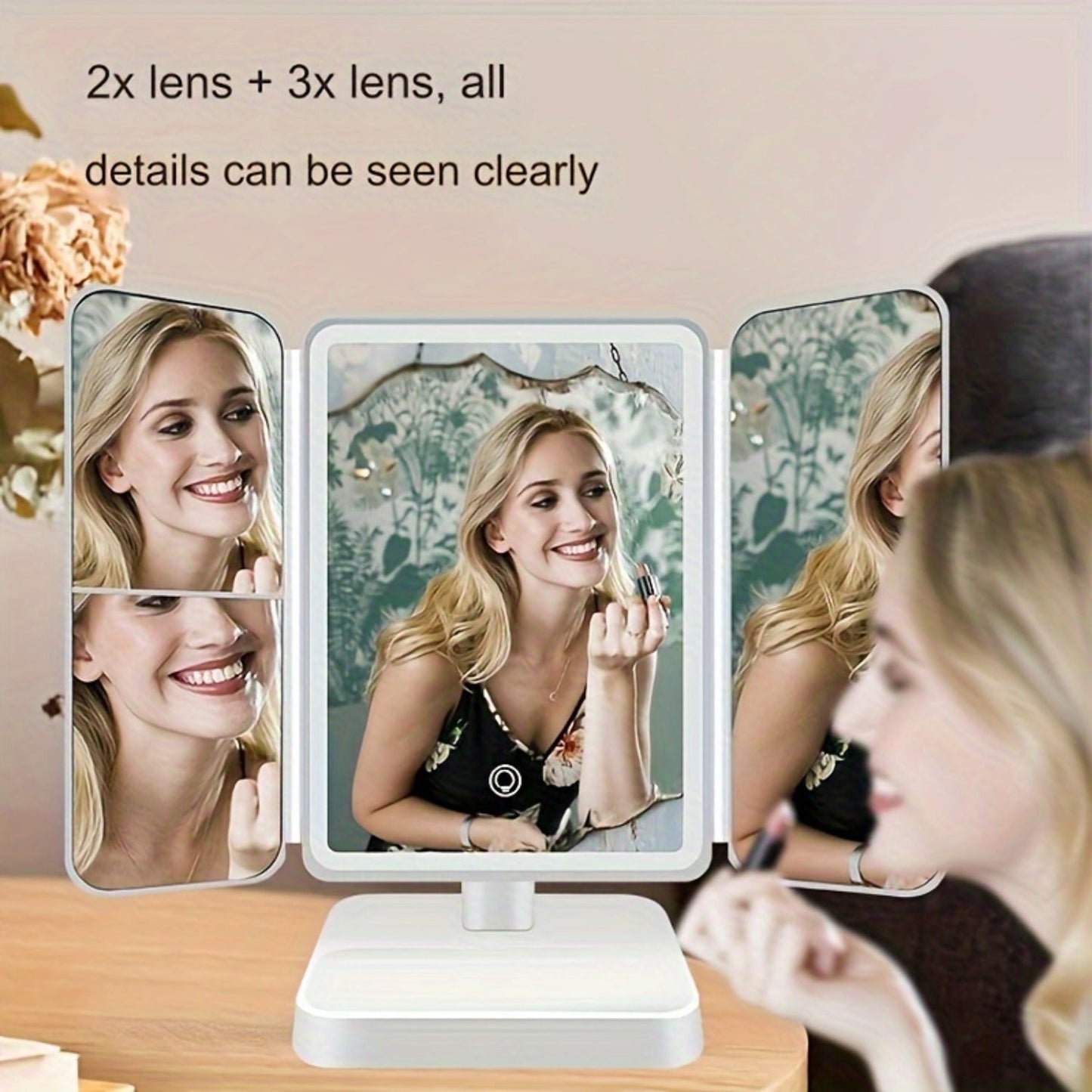 Makeup Mirror 3-Fold With LED Lights For Natural Beauty.