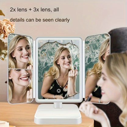 Makeup Mirror 3-Fold With LED Lights For Natural Beauty.
