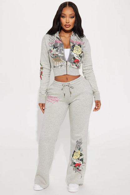 Ed Hardy Rose And Sword Zip Front Hoodie - Heather Grey